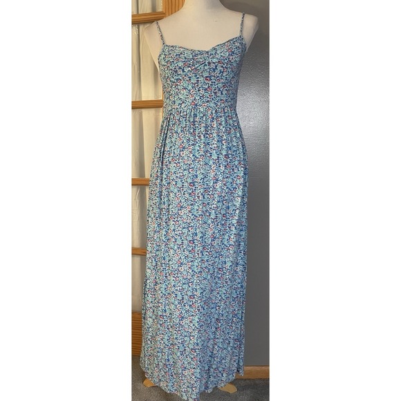 Hollister Dresses & Skirts - Y2K Hollister Floral Maxi Dress XS Tie Back High Slits Blue Boho Cottagecore